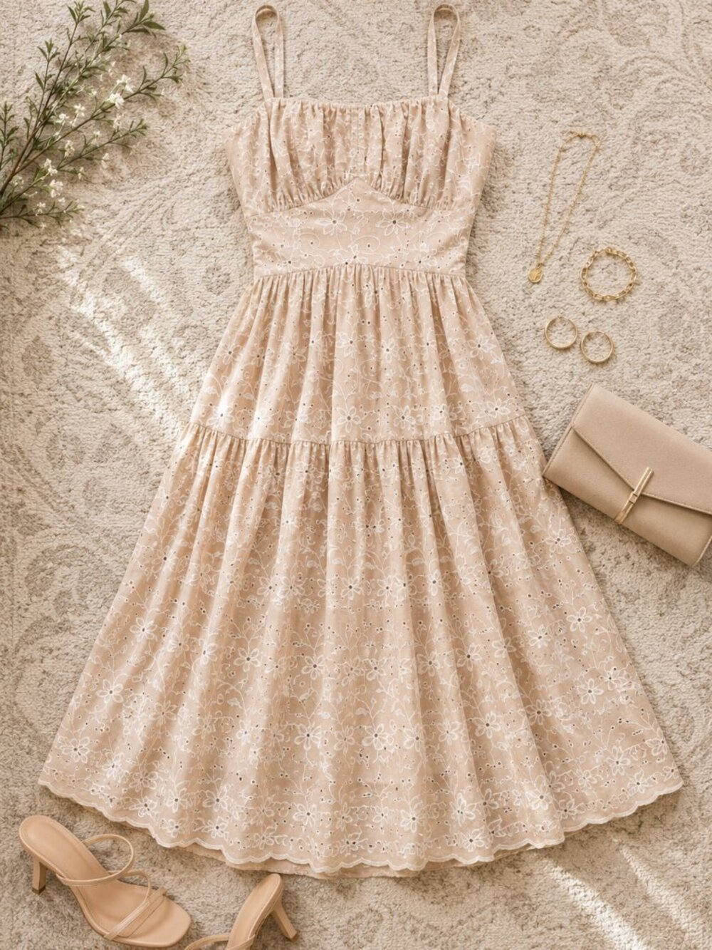 ROW A Light Beige Eyelet Embroidered Tiered Midi Dress Size Small NWT